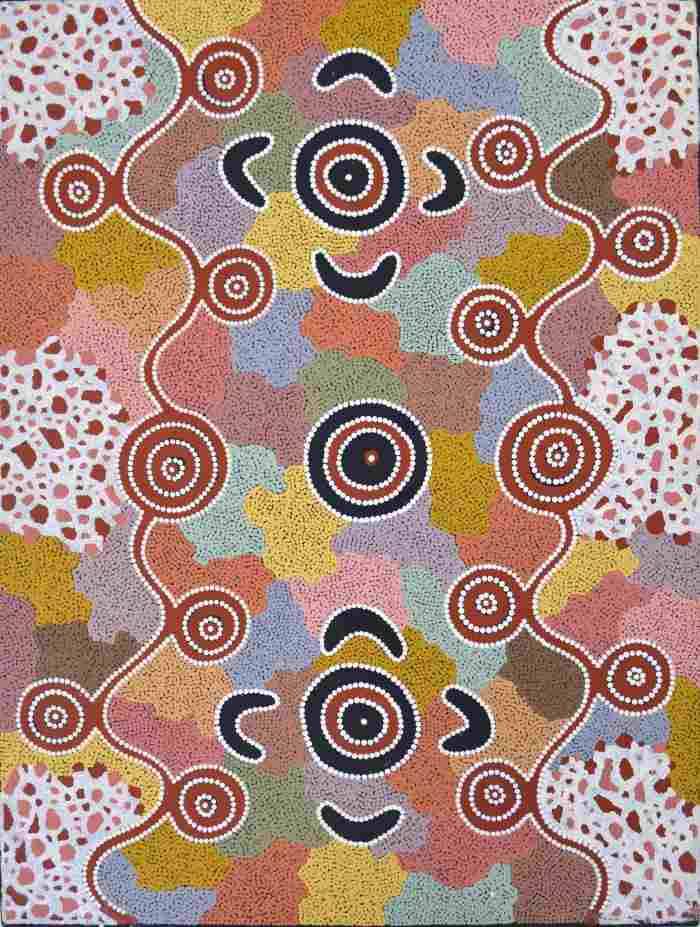 Abstract Aboriginal painting featured in the past exhibition titled "Drawn from the Desert: Australian Aboriginal Paintings from the Central and Western Deserts"